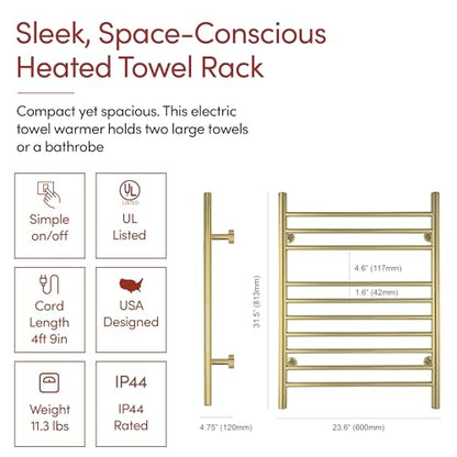 Heated Towel Rack, 10-Bar Wall-Mounted Electric Towel Warmer, Polished Gold, Plug-in or Hardwired, Luxury Bathroom Accessory for Warm, Dry Towels (WarmlyYours Infinity) - color: Polished Gold