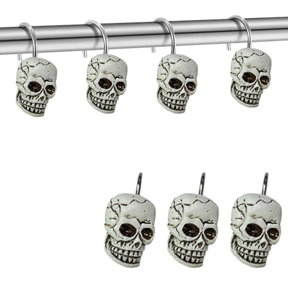 Decorative Shower Curtain Hooks, 12pcs Skull Resin Art Deco Rust Resistant Hooks Glide Shower Ring Hangs Holder Bling for Bathroom Baby Living Room Nursery Halloween Decoration