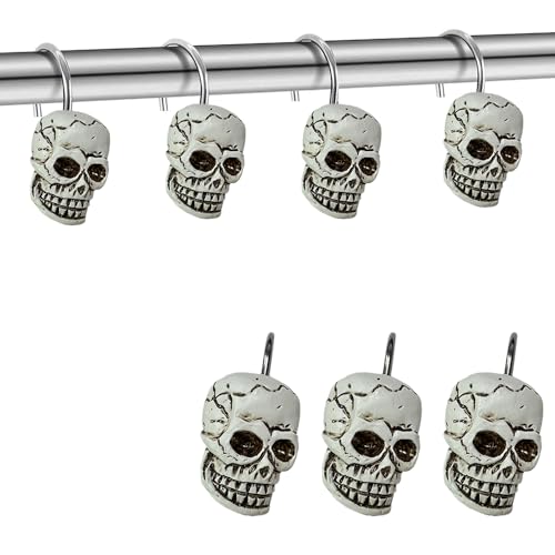 Decorative Shower Curtain Hooks, 12pcs Skull Resin Art Deco Rust Resistant Hooks Glide Shower Ring Hangs Holder Bling for Bathroom Baby Living Room Nursery Halloween Decoration