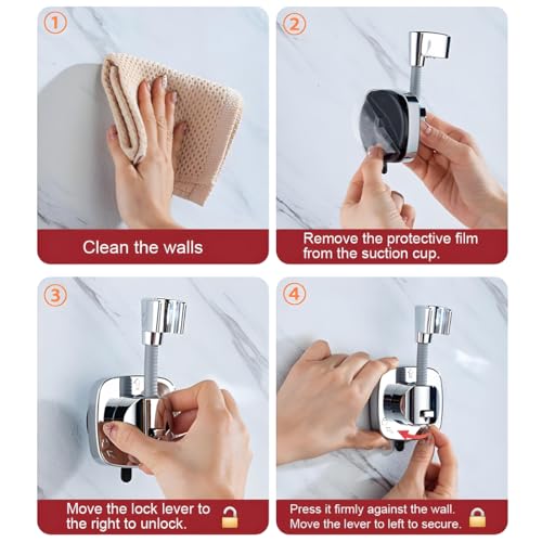 Suction Cup Shower Head Holder - Angle Adjustable Spring Arm, Flexible Wall Mount Shower Hose Holder, Removable Hand Held Shower Bracket with Vacuum Lock & Bonus Hook for Bathroom, Kitchen - color: Silver