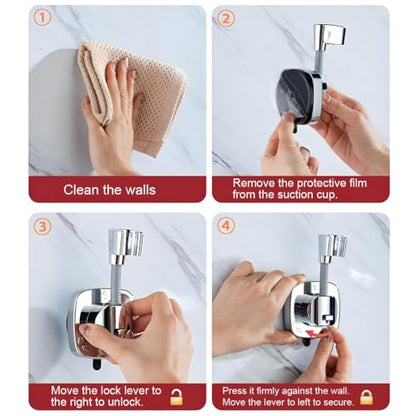 Suction Cup Shower Head Holder - Angle Adjustable Spring Arm, Flexible Wall Mount Shower Hose Holder, Removable Hand Held Shower Bracket with Vacuum Lock & Bonus Hook for Bathroom, Kitchen - color: Silver