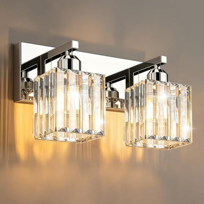 Brushed Chrome Crystal Bathroom Vanity Light, 2-Light Modern Bathroom Lighting Fixtures Over Mirror,Chrome Wall Sconce Light Fixtures with Square Shade - color: Chrome-Square Shade, size: 2-LIGHT
