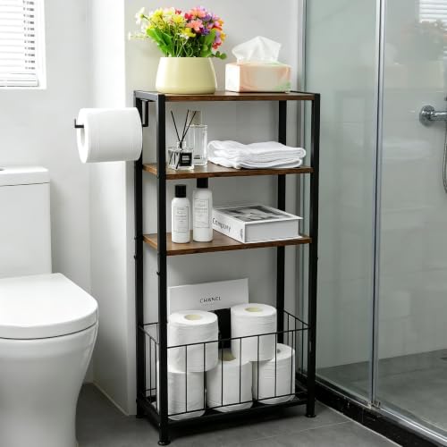 Freestanding Toilet Paper Holder with Storage Wood Shelf Adjustable Feet | Bathroom Toilet Paper Stand Holder with Extra Roll Storage Basket Narrow Side Tissue Holder For Bathroom Laundry Room