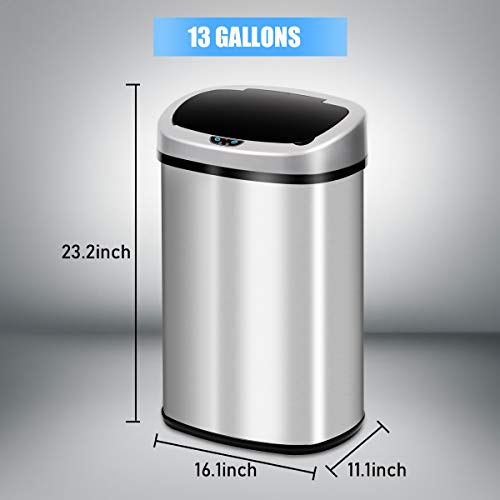 HGS Kitchen Trash Can Garbage Can Waste Bin 13 Gallon Trash Can Stainless Steel with Lid Touch Free Automatic Sensor Garbage Bins 50 Liter Large Capacity Can for Home Bathroom Office Bedroom