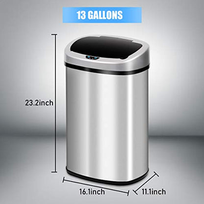 HGS Kitchen Trash Can Garbage Can Waste Bin 13 Gallon Trash Can Stainless Steel with Lid Touch Free Automatic Sensor Garbage Bins 50 Liter Large Capacity Can for Home Bathroom Office Bedroom