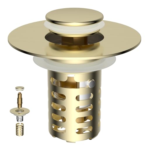 Universal Bathroom Sink Drain Strainer Metal Hair Catcher, Brushed Gold | Upgraded 3 in 1 Pop-up Sink Stopper, Fit for 1.1''~2.36'' Basin Hole, with Detachable Stainless Steel Filter Basket - color: Brushed Gold