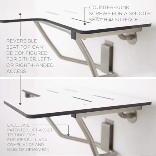 Seachrome 34" x 22.5" Lift-Assist L-Shaped Reversible Bathroom Shower Bath Transfer Seat, Folding, Wall-Mounted, White Phenolic Seat - color: White, size: 34 x 22.5