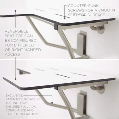 Seachrome 34" x 22.5" Lift-Assist L-Shaped Reversible Bathroom Shower Bath Transfer Seat, Folding, Wall-Mounted, White Phenolic Seat - color: White, size: 34 x 22.5