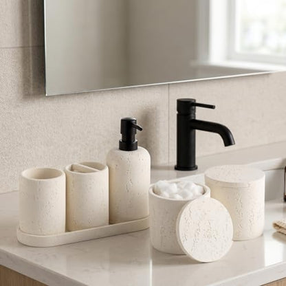 Bathroom Accessories Set,4 PCS Travertine Stone Look Collection,Cream | Modern Bath Organizer with 13.53OZ Soap Dispenser,Toothbrush Holder,Tumbler,Vanity Tray,2PCS Cotton Swab Jars for Countertop - color: Cream 6 Pcs