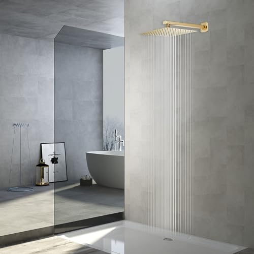 Rain Shower Head Brushed Gold with Extension Arm 16 Inch Square Shower Head with 16 Inch Shower Arm Large Stainless Steel Rainfall Showerhead Waterfall Full Body Coverage - color: Brushed Gold, size: 16inch