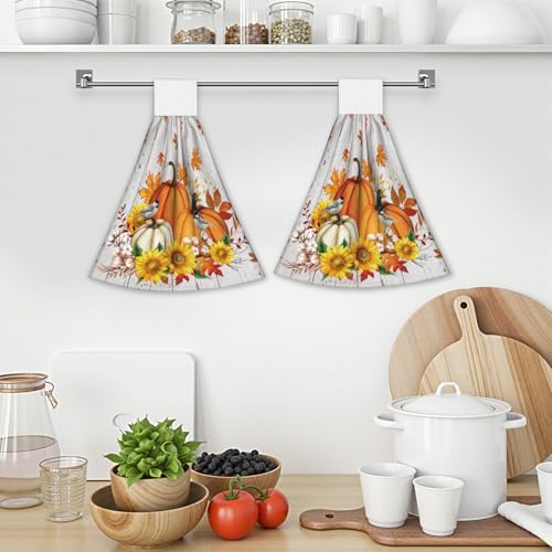 Giwawa Autumn Pumpkin Kitchen Hanging Towel Set of 2 Sunflower Wood Fingertip Dish Tie Towels Fast Drying Washcloth for Bathroom Laundry Tabletop - color: Autumn Pumpkin Wood