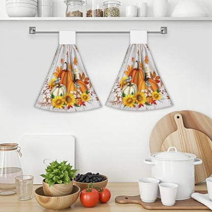 Giwawa Autumn Pumpkin Kitchen Hanging Towel Set of 2 Sunflower Wood Fingertip Dish Tie Towels Fast Drying Washcloth for Bathroom Laundry Tabletop - color: Autumn Pumpkin Wood