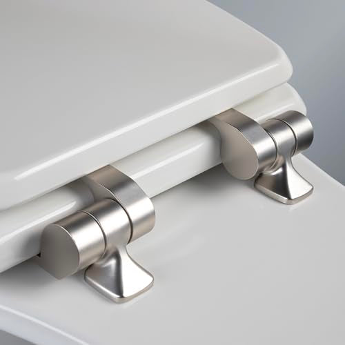 Mayfair Bennett Toilet Seat with Brushed Nickel Hinges, Slow Close Wood Seat, Secure Metal Hinges, Easy Install, Made in USA, Round, White - color: Brushed Nickel, size: Round