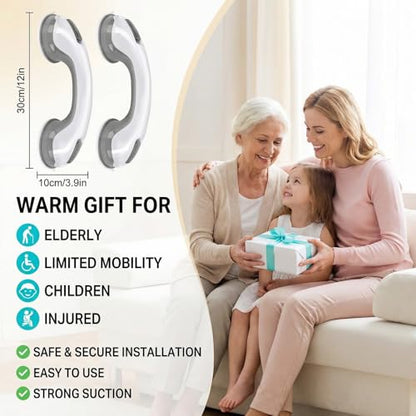 2 Pack Grab Bars for Shower - 12 Inch Suction Cup Shower Handle for Bathtubs, Strong Hold Bath Handles for Seniors, Handicap Safety Grip & Balance Assist, Tool-Free Installation