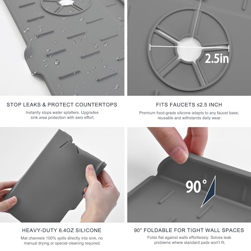 Kitchen Sink Splash Guard Silicone Faucet Mat for Kitchen Sink Grey | Sink drain pad behind faucet, Sink rubber mat around faucet guard & draining mat, bathroom sink protector Water Catcher Mat - color: Gray