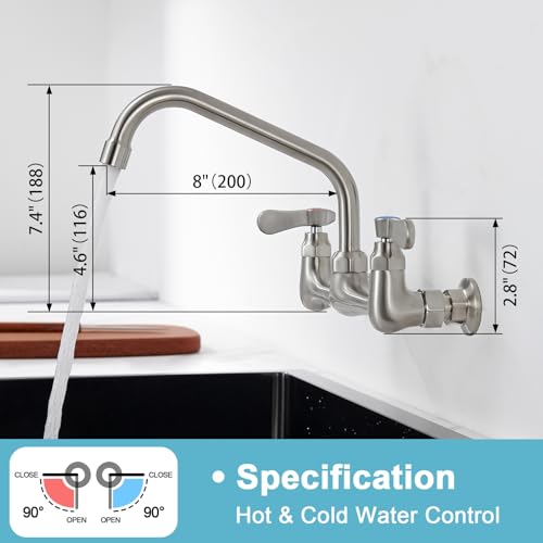 Wall Mount Commercial Sink Kitchen Faucet 8 Inch Adjustable Center | 8 Inch 360 Swivel Spout, Lead-free Brass, For Restaurant Laundry Utility Room, Easy to Install, CUPC NSF Certified - color: Gold, size: 8 Inch Spout