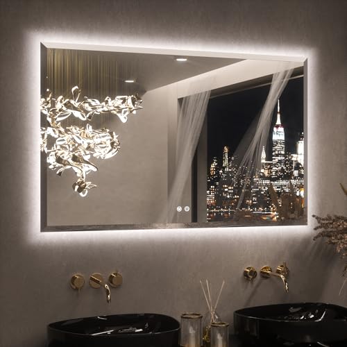 Keonjinn Backlit Mirror Bathroom 48 x 30 Inch, LED Vanity Mirror with Beveled Edge, Tempered Glass, UL-Listed Power Driver, 3 Color Lights, Safe Anti-Fog, Dimmable, Smart Bathroom Mirror with Lights - color: Backlit Beveled Edge, size: 30"L x 48"W