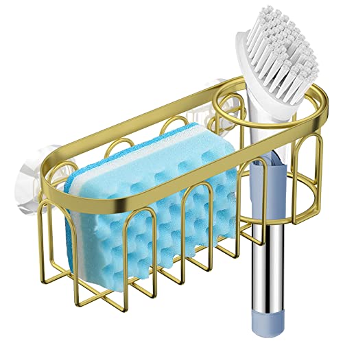 2-in-1 Sponge Holder for Kitchen Sink, Sink Caddy Kitchen Sink Organizer with 3 Suction Cups, No Drill Rustproof Sink Sponge Holder for Dish Brush, Soap & Sponge (Gold) - color: A Style-Gold