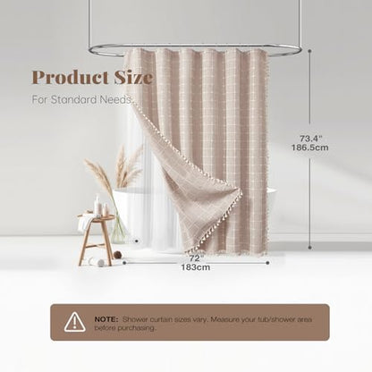 Taupe 3-in-1 Boho Linen Heavy Duty Shower Curtain with Liner, 72x72 | 330GSM Linen Blend, Waterproof Clear PEVA Liner, Heavy Duty Fabric, 12 Plastic Hooks, Rustic Bohemian Style, Machine Washable - color: Taupe With Liner, size: 72"W x 72"L (Pack of 1)