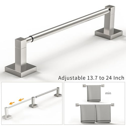 RUACQ Adjustable Towel Bar, Towel Racks for Bathroom Wall Mounted, Nickel | Adjust 13.8 to 24 inch Single Towel Rod, Bath Towel Holder, 304 Stainless Steel, Rustproof, Square Base, Heavy Duty, Modern - color: Brushed Nickel, size: 13.8-24 inch(Center to C