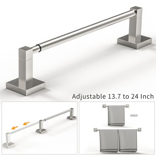 RUACQ Adjustable Towel Bar, Towel Racks for Bathroom Wall Mounted, Nickel | Adjust 13.8 to 24 inch Single Towel Rod, Bath Towel Holder, 304 Stainless Steel, Rustproof, Square Base, Heavy Duty, Modern - color: Brushed Nickel, size: 13.8-24 inch(Center to C