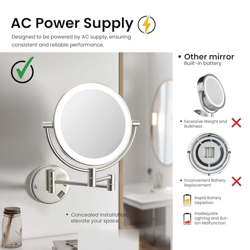 KIBI Circular Wall Mount Makeup Mirror with LED Lights, Dual-Sided 1x/5x Magnifying Mirror with Adjustable Arm, 360° Swivel, Solid Brass Construction for Durability and Style (Brushed Nickel, KMM101) - color: Brushed Nickel