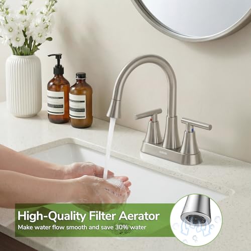 Centerset Bathroom Faucet with Pull Out Sprayer, 4 Inch 2 Handle Sink Faucet with Pop Up Drain, Stainless Steel Vanity Faucet with 2 Supply Hoses, Brushed Nickel - color: Brushed Nickel, size: 4 IN