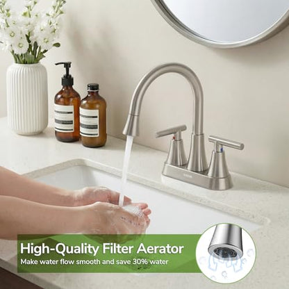 Centerset Bathroom Faucet with Pull Out Sprayer, 4 Inch 2 Handle Sink Faucet with Pop Up Drain, Stainless Steel Vanity Faucet with 2 Supply Hoses, Brushed Nickel - color: Brushed Nickel, size: 4 IN