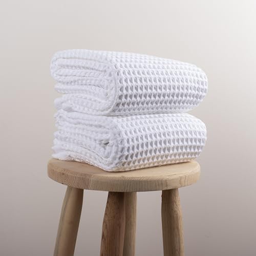 PÜSKÜL Pack of 2 Waffle Bath & Spa Towels - Premium 100% Turkish Organic Cotton - Quick Dry Thin Bath Towel for Bathroom - Made in Turkey (White, 32x63 inch) - color: White, size: Bath Towels - Pack of 2