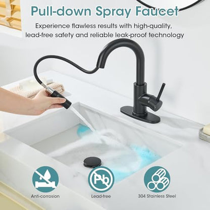 Black Bathroom Faucet with Pull Down Sprayer, 2 Flow Modes | Modern Stainless Steel Bathroom Sink Faucet with Pop-up Drain and Hoses, RV & Outdoor Basins, for 1 or 3 Hole - color: Matte Black