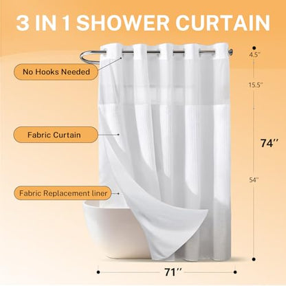 River Dream No Hooks Shower Curtain with 2 Snap in Liner, White, 71Wx74H | Waffle Weave, 1 Attached Snap in Liner and 1 Extra Replacement Liner, Bathroom Curtains Shower Set, Hotel Grade, Spa Like - color: White