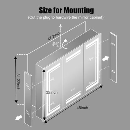 High-End Led Medicine Cabinet,Lighted Medicine Cabinet,3 Colors&Dimmable,Demister,Lighted Glass Shelf,USB Shaver Socket.Surface Mount or Recess Mount,48×32inch - size: 48×32inch