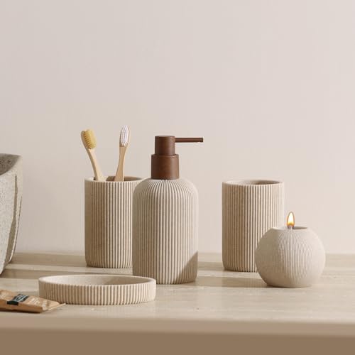 Bathroom Accessories Set, 5 PCS Modern Bath Organizer, Beige | Sandstone Look, Stripe,13.53 OZ Soap Dispenser,Toothbrush Holder,Tumbler,Soap Dish,Candle Holder for Countertop Kitchen Sink - color: Beige