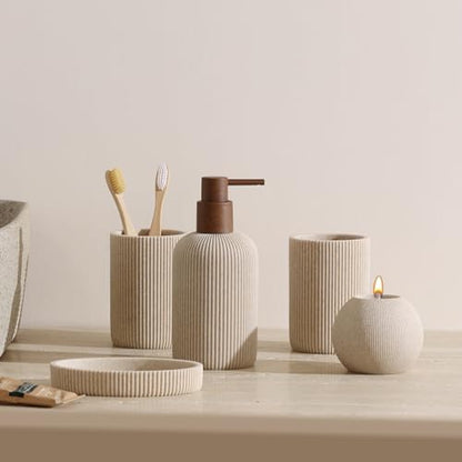 Bathroom Accessories Set, 5 PCS Modern Bath Organizer, Beige | Sandstone Look, Stripe,13.53 OZ Soap Dispenser,Toothbrush Holder,Tumbler,Soap Dish,Candle Holder for Countertop Kitchen Sink - color: Beige