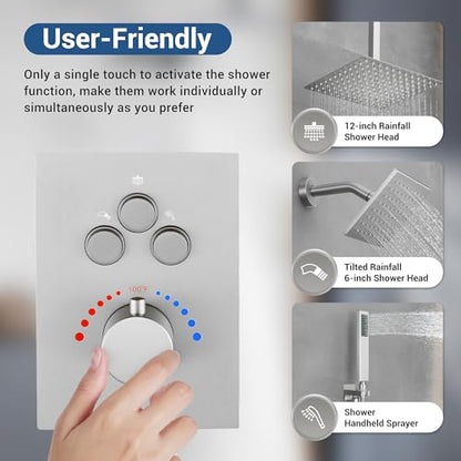 Thermostatic Dual Shower Head System, Brushed Nickel Shower Faucet | 12 Inch Ceiling Rainfall Shower, 6 Inch Wall Mount Head, High Pressure Handheld Sprayer, Push Button Valve - color: Brushed Nickel