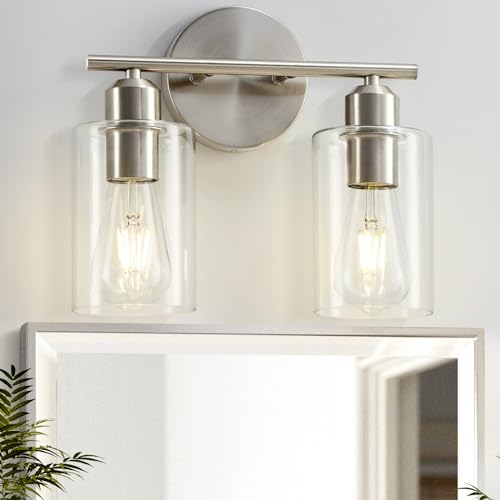 Bathroom Light Fixtures, 2-Light Brushed Nickel Vanity Lights, Modern Bathroom Lighting Fixtures Over Mirror with Clear Glass Shade, Wall Sconce Lighting for Bedroom Living Room - color: Brushed Nickel, size: 2 Light - 1 pack