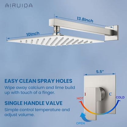 Airuida Shower Faucet Set,10 Inch Shower Valve Kit,Brushed Nickel | Male Threads,Rough-in Valve Shower Trim Kit,Single Handle Control Shower Set - color: Brushed Nickel, size: 10 Inch