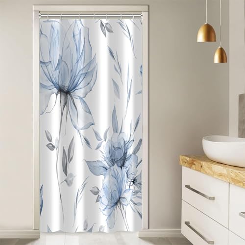 Blue Grey Watercolor Floral Shower Curtain, Flower Leaves Minimalist Aesthetic Art Shower Curtains for Bathroom Sets Decor, Waterproof Polyester Cloth Fabric with 12 Hooks,36x72 Inch - color: Blue, size: 36"W x 72"L (Pack of 1)