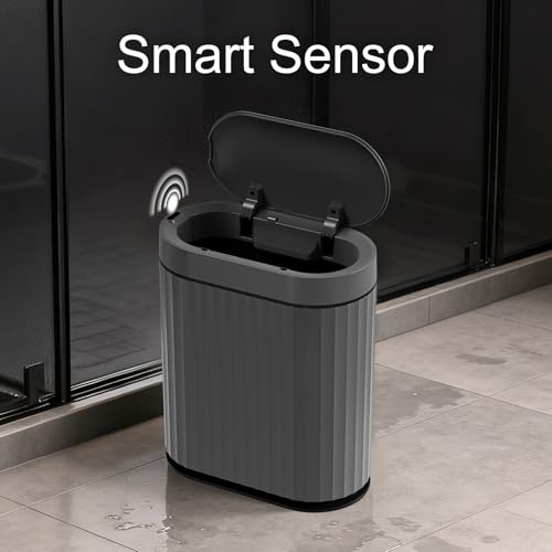 ELPHECO Bathroom Trash Can with Automatic Lid, 2 Gallon, Cement Grey Black | Motion Sensor Garbage Can, IPX5 Waterproof Slim Plastic Wastebasket, Smart Trash Bin for Bedroom, Bathroom and Office - color: Cement Grey Black