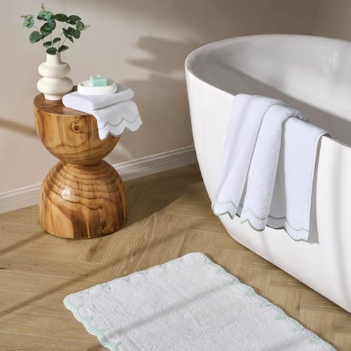 Peri Home 2 Piece Cotton Bath Towel Set, Embroidered, White, Sage Scallop - color: White With Sage Scallop, size: 2 Bath Towel