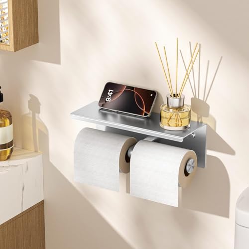 FORIOUS Toilet Paper Holder with Shelf, Commercial Toilet Paper Dispensers | Brushed Nickel | Wall Mount Bathroom Tissue Holder | SUS304 Stainless Steel Rustproof | Double Tissue Roll Holder - color: Stainless Steel