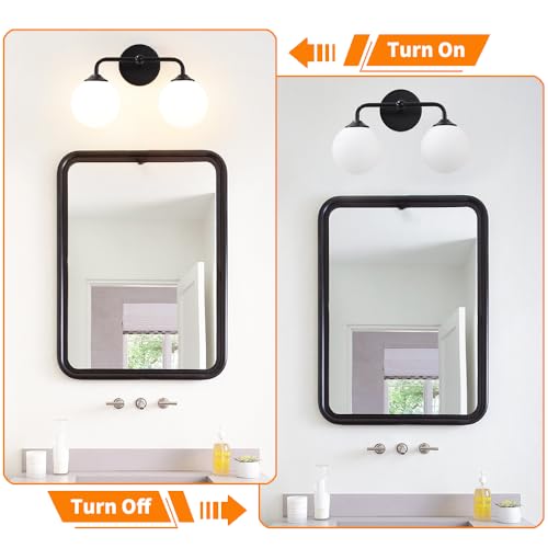 Industrial Matte Black 2-Lights Bathroom Light Fixtures, Vanity Wall Sconce Lighting with Milky White Glass Shade, Modern Bathroom Vanity Lighting, Wall Sconces over Mirror Dressing Table Bedroom - color: Black, size: 2 light