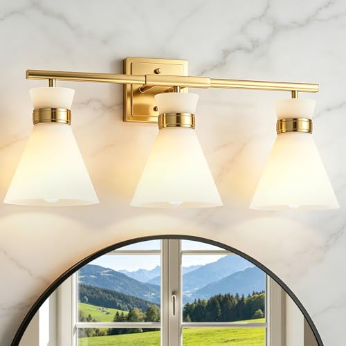 Brushed Gold Bathroom Vanity Lights, 3-Light Bathroom Light fixtures Over Mirror, Modern Vanity Lighting Fixtures with Frosted Glass Shades E26 Base,Wall Mount Scones for Mirror (Bulbs Not Included) - color: Gold