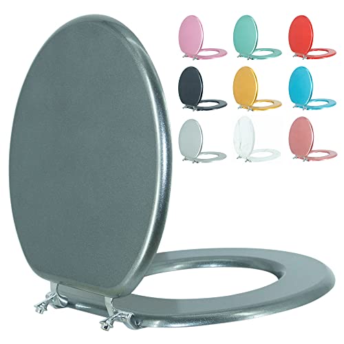 Round Toilet Seat Wood Toilet Seat Prevent Shifting with Zinc Alloy Hinges American Standard Size Toilet Seat Easy to Install also Easy to Clean(Round,Sparkling GentlemanGrey) - color: Gentleman Grey, size: Round