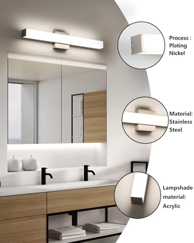 24" LED Square Vanity Light, 14W 4000K Dimmable, Brushed Nickel | Wall Bar Light, Rust & Moisture Resistant, Natural White light, Energy-saving, moisture-proof, Dresser Bathroom over Mirror - color: Brushed Nickel, size: 24inch 4000K Dimmable