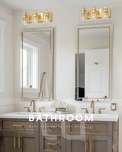3-Light Brushed Gold Bathroom Vanity Light, Clear Cylinder Glass | 16.5" modern bathroom light fixtures over mirror, E26 base, bulbs not included, VL143-BG-3 - color: Brushed Gold, Cylinder Glass Shade, size: 3-light
