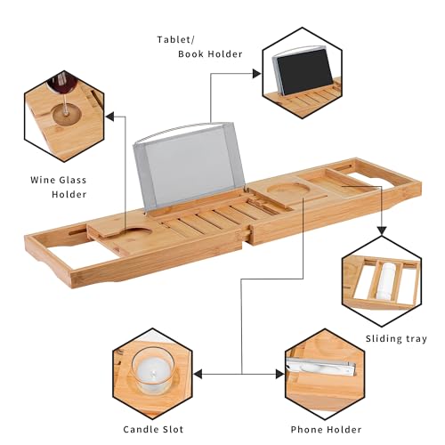 Utoplike Bamboo Bathtub Caddy Tray for Tub, Adjustable Bath Table | Bathroom Organizer with Book Tablet, Wine Glass Cup, Towel Holder - color: Natural