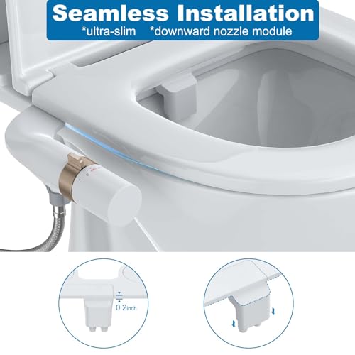 Non-Electric Ultra-Thin Bidet Seat - Dual Nozzle with Temperature Control for Front & Rear Wash, Adjustable Water Pressure, Cold & Hot Water Cleansing - color: Rose gold, style: Dial Ring