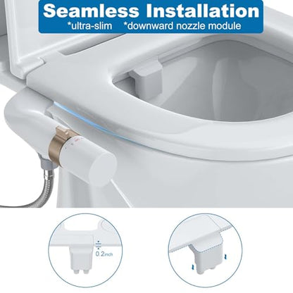 Non-Electric Ultra-Thin Bidet Seat - Dual Nozzle with Temperature Control for Front & Rear Wash, Adjustable Water Pressure, Cold & Hot Water Cleansing - color: Rose gold, style: Dial Ring