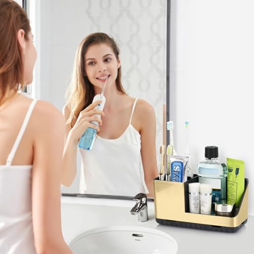 Toothbrush Holders for Bathroom Counter Organizer (Brushed Gold Grain) | Easy To Clean, Drainage, Non-Slip, Detachable, Kids Electric Toothbrush and Toothpaste Holder for Bathroom - color: Brushed Gold